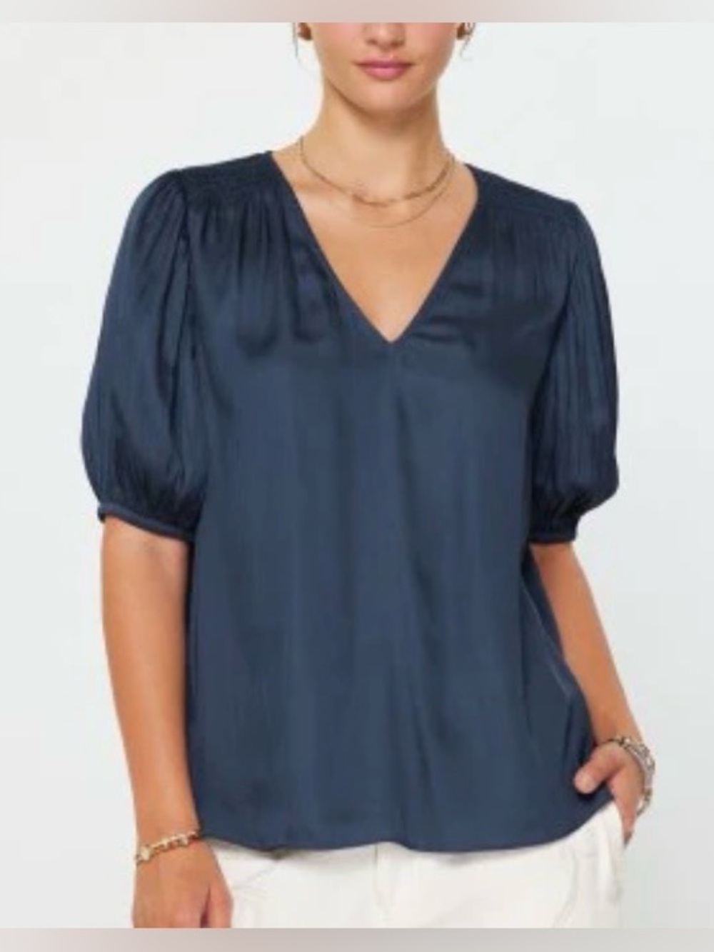 Current Air Navy Satin Puff Sleeve V Neck Blouse Size Small